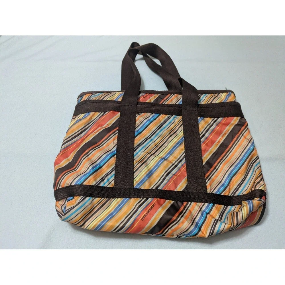 Retro LeSportsac‎ Stripe Everyday Tote Handbag Purse + Make-up Bag  Brown Orange